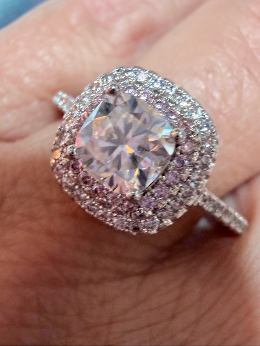 New Moissanite Ring Cushion with shimmering Double Halo and Pave’ Band